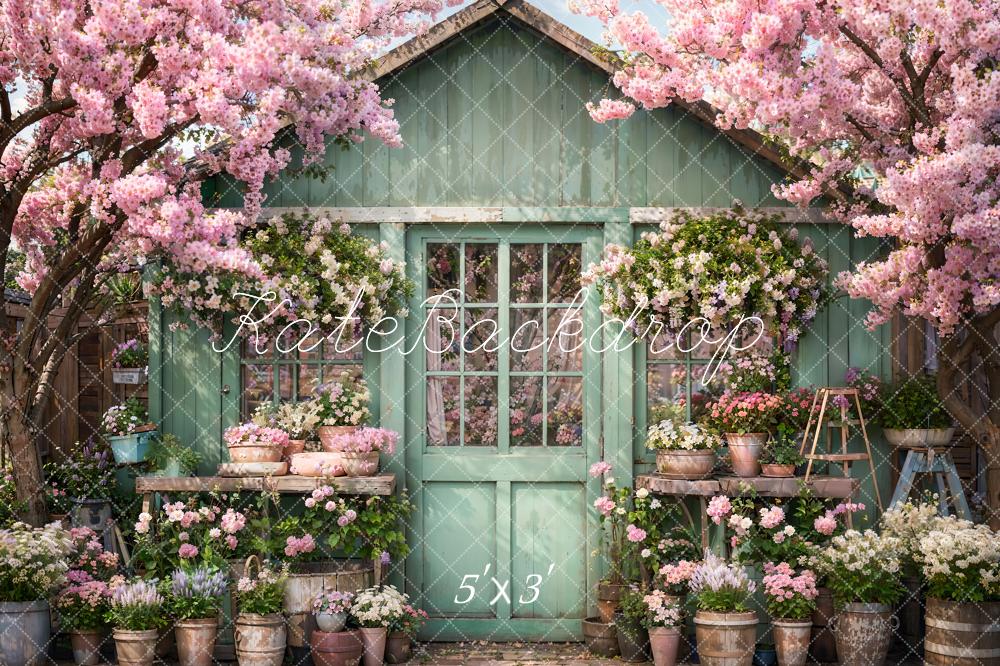 Kate Spring Flowers Green Wooden Door Backdrop Designed by Emetselch - Kate Backdrop AU