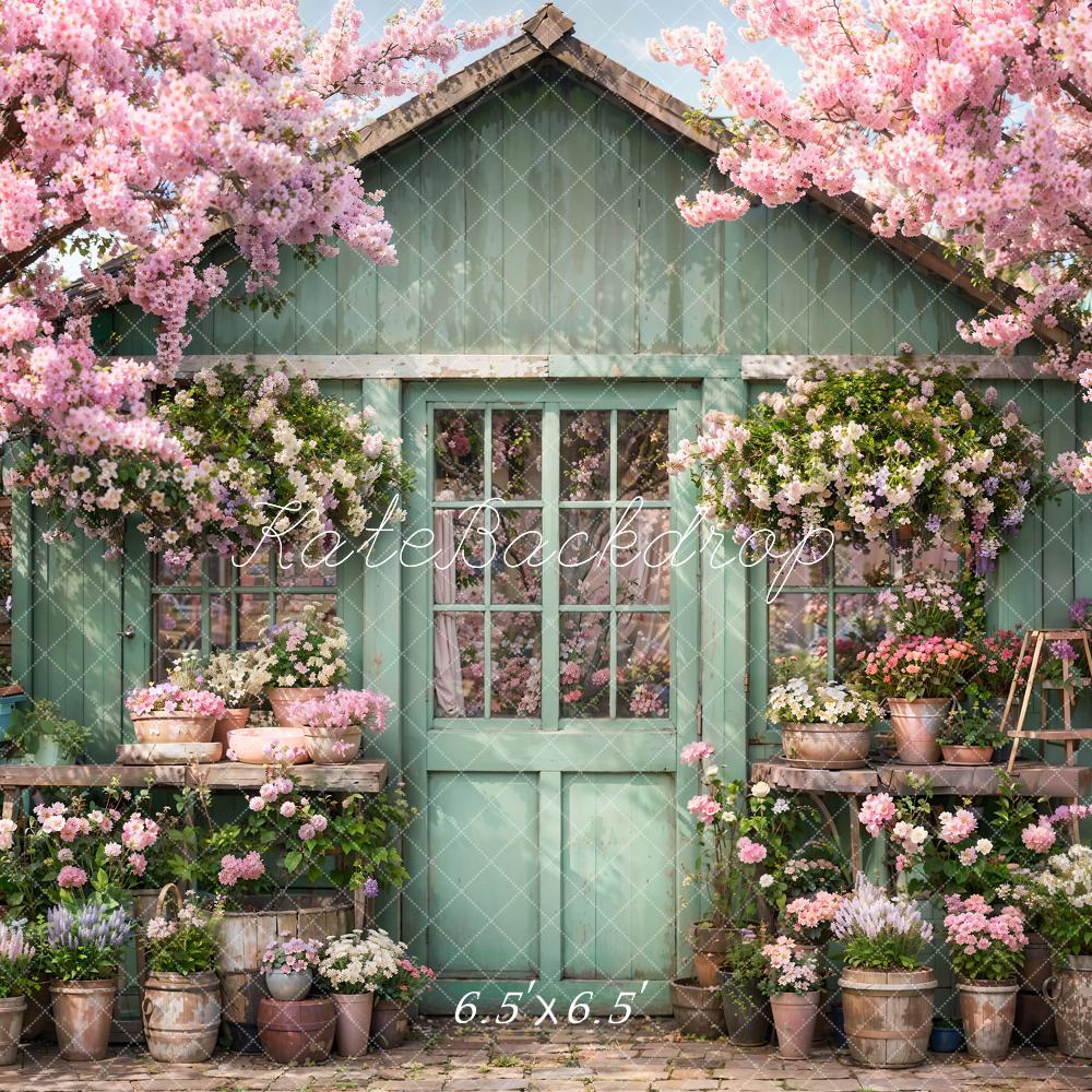 Kate Spring Flowers Green Wooden Door Backdrop Designed by Emetselch - Kate Backdrop AU