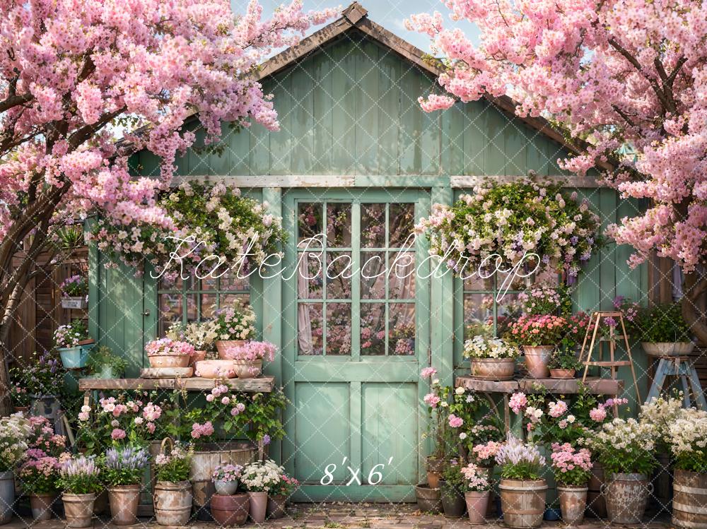 Kate Spring Flowers Green Wooden Door Backdrop Designed by Emetselch - Kate Backdrop AU