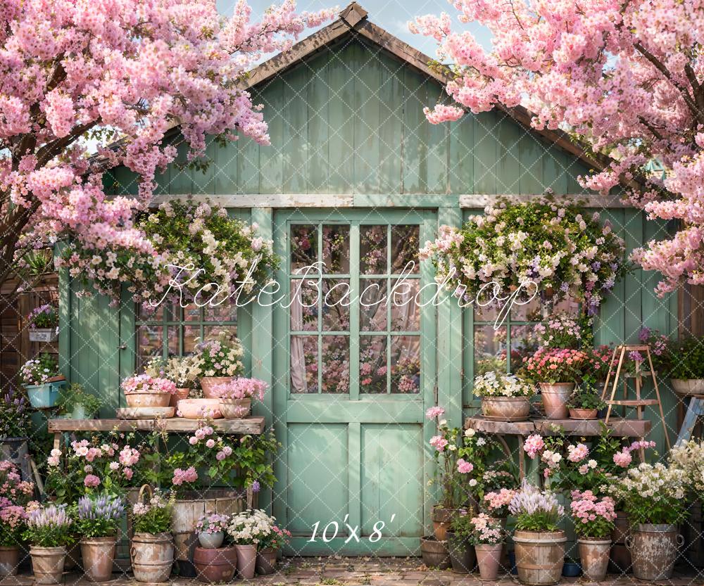 Kate Spring Flowers Green Wooden Door Backdrop Designed by Emetselch - Kate Backdrop AU