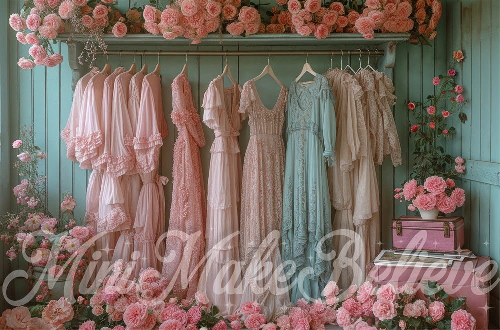 Kate Vintage Closet Backdrop Pink Spring Flower Summer Designed by Mini MakeBelieve