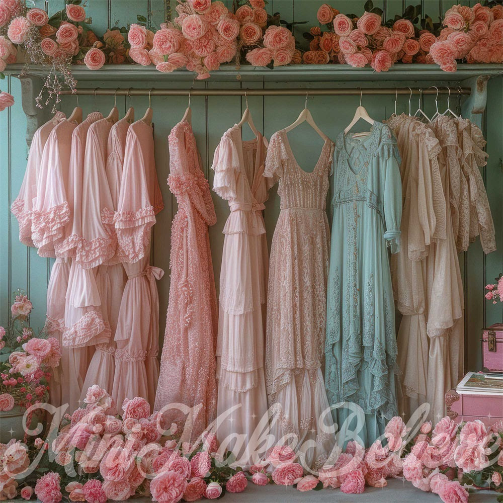 Kate Vintage Closet Backdrop Pink Spring Flower Summer Designed by Mini MakeBelieve