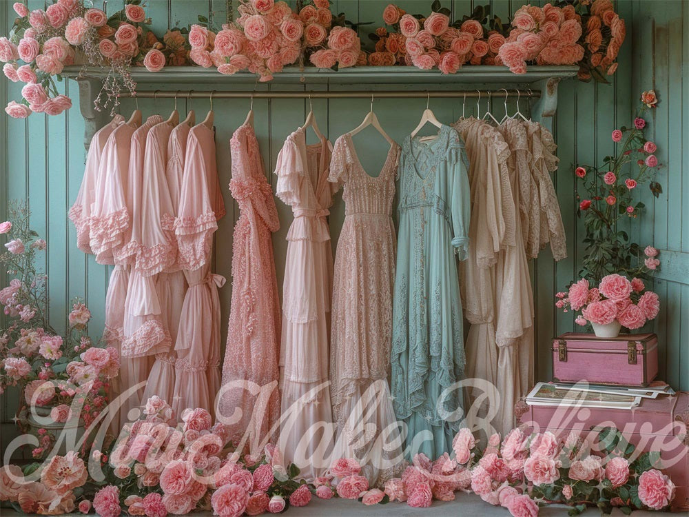 Kate Vintage Closet Backdrop Pink Spring Flower Summer Designed by Mini MakeBelieve