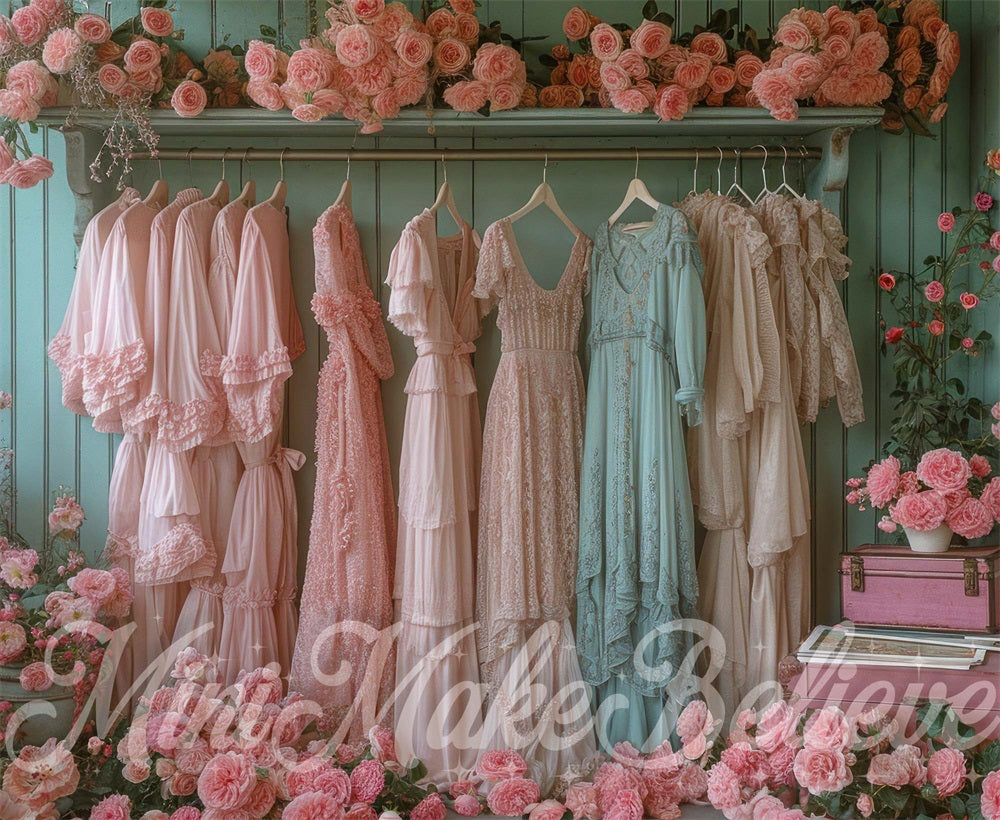 Kate Vintage Closet Backdrop Pink Spring Flower Summer Designed by Mini MakeBelieve