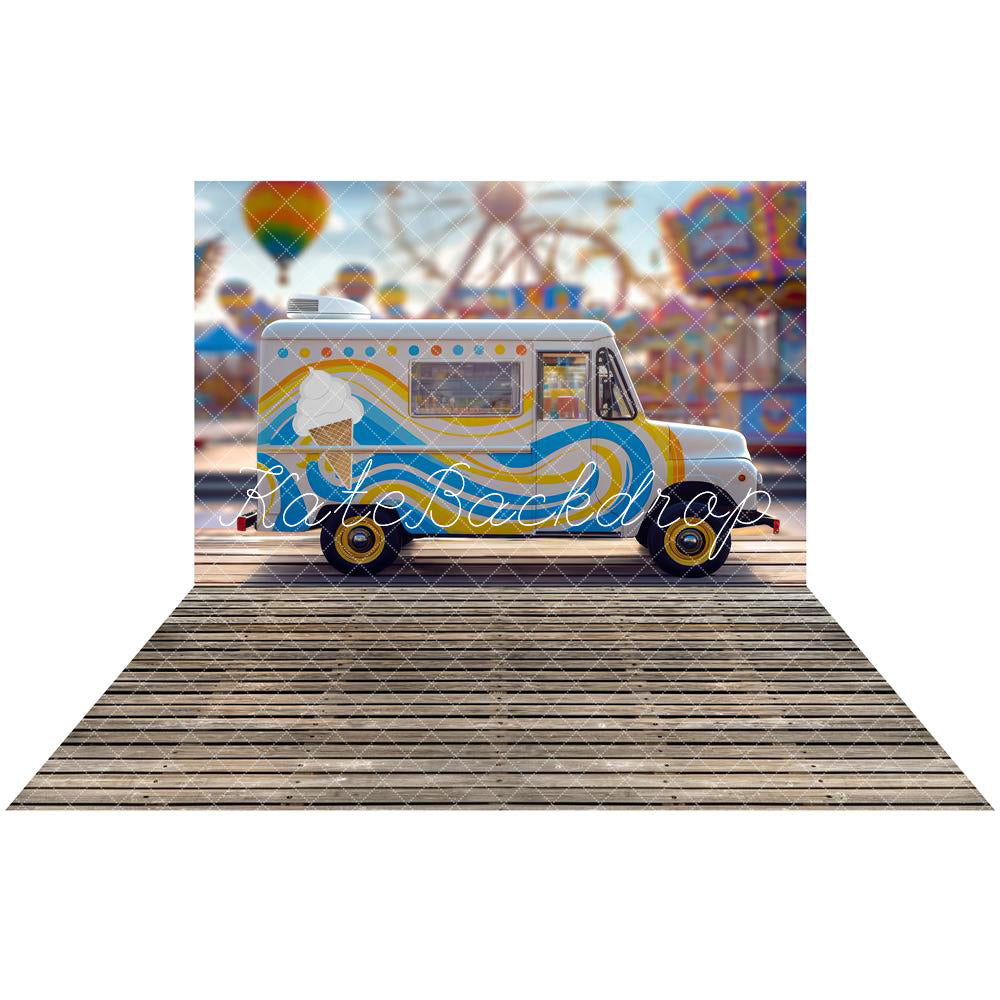 Kate Summer Amusement Park Ice Cream Truck Backdrop+Wooden Board Texture Rubber Floor Mat for Photography