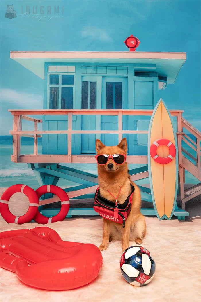 Kate Summer Beach Blue House Lifeguard Backdrop Designed by Mini MakeBelieve