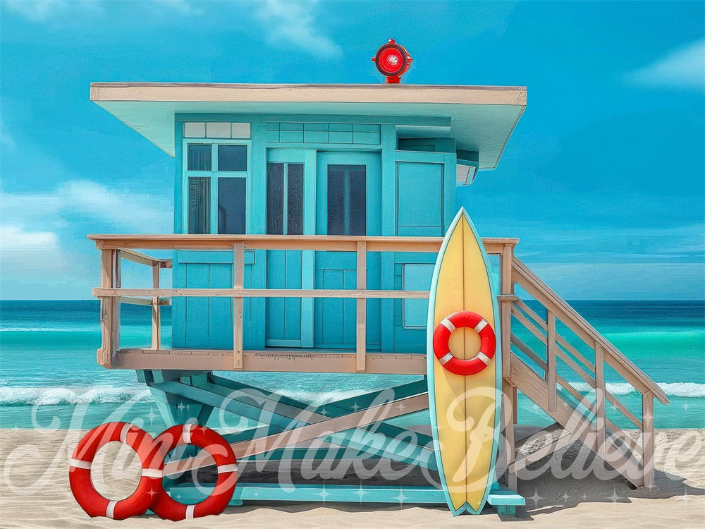 Kate Summer Beach Blue House Lifeguard Backdrop Designed by Mini MakeBelieve
