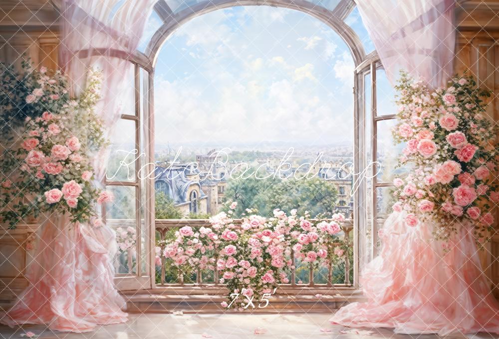 Kate Spring Backdrop Flowers Pink Curtain Arched Window Designed by GQ