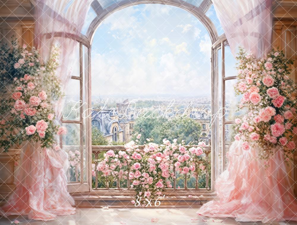 Kate Spring Backdrop Flowers Pink Curtain Arched Window Designed by GQ