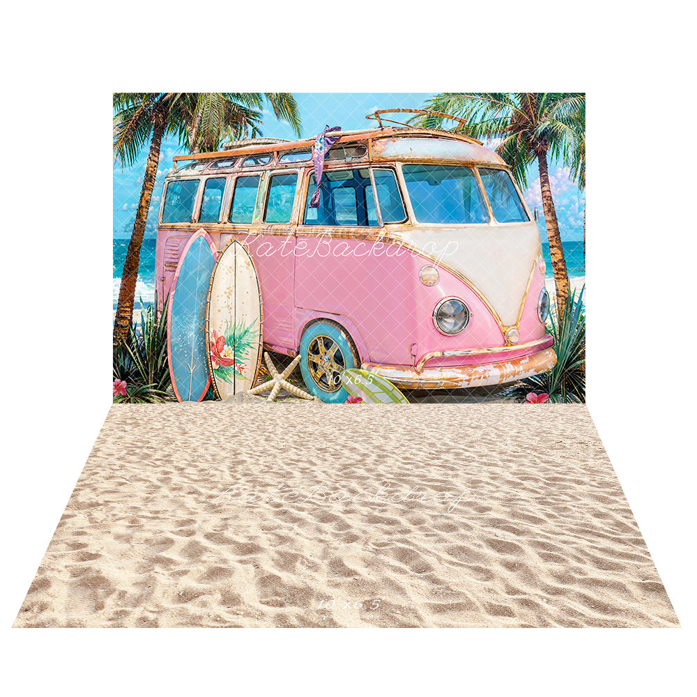 Kate Summer Seaside Surfboard Pink Car Backdrop+Sand Floor Backdrop