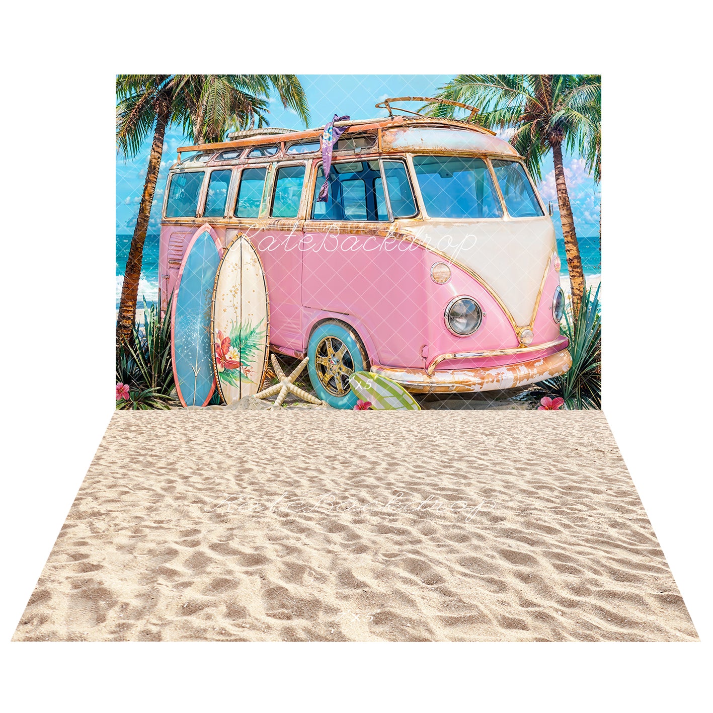 Kate Summer Seaside Surfboard Pink Car Backdrop+Sand Floor Backdrop