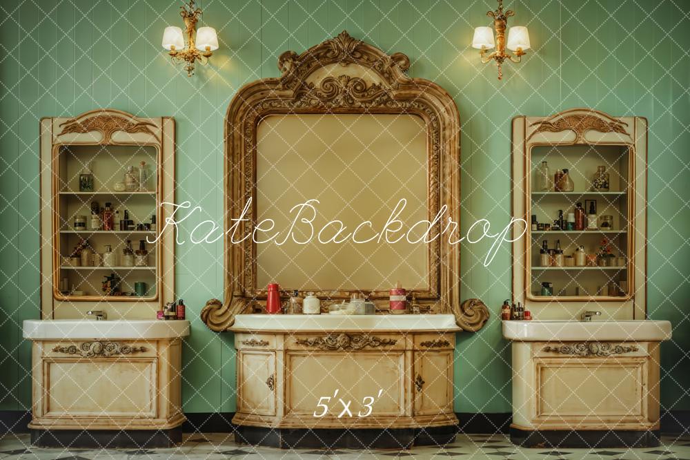 Kate Indoor Retro Beauty Shop Green Strips Wall Backdrop Designed by Emetselch - Kate Backdrop AU