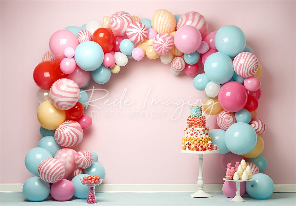 Kate Cake Smash Backdrop Candycane Balloons Arch Designed by Lidia Redekopp