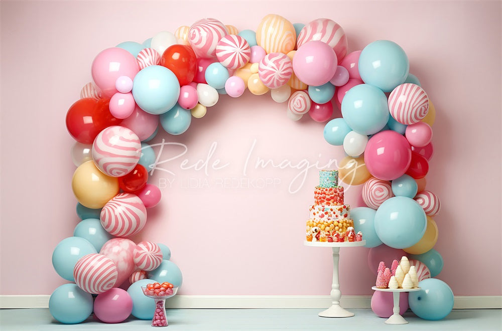 Kate Cake Smash Backdrop Candycane Balloons Arch Designed by Lidia Redekopp