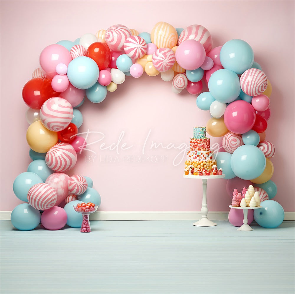 Kate Cake Smash Backdrop Candycane Balloons Arch Designed by Lidia Redekopp