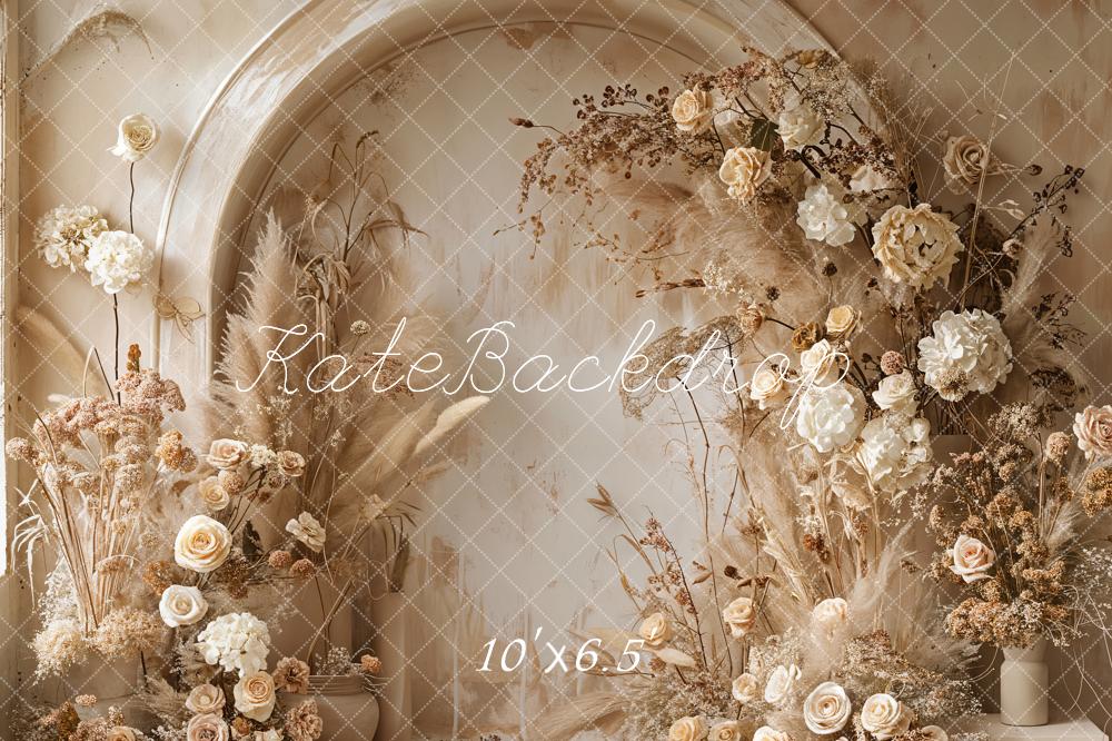 Kate Boho Backdrop Light Beige Reed White Floral Arched Wall Designed by Emetselch