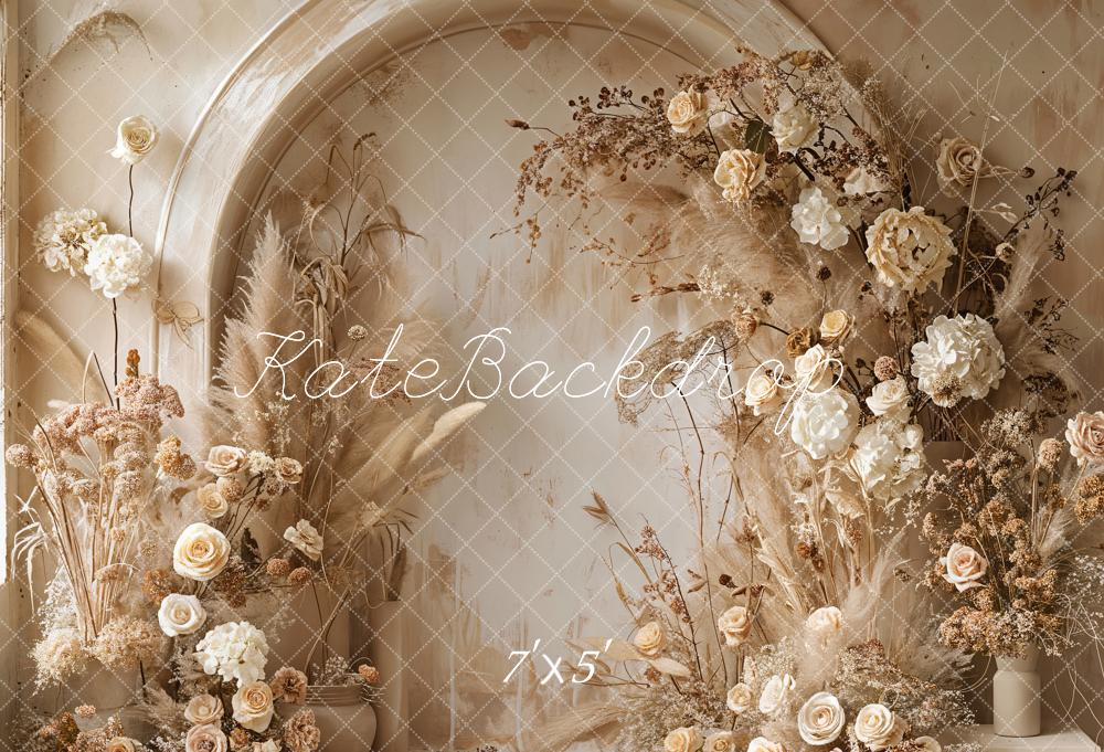 Kate Boho Backdrop Light Beige Reed White Floral Arched Wall Designed by Emetselch