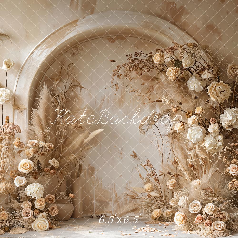 Kate Boho Backdrop Light Beige Reed White Floral Arched Wall Designed by Emetselch