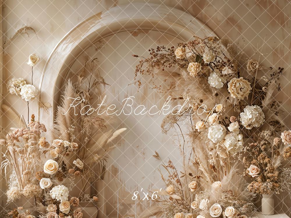 Kate Boho Backdrop Light Beige Reed White Floral Arched Wall Designed by Emetselch