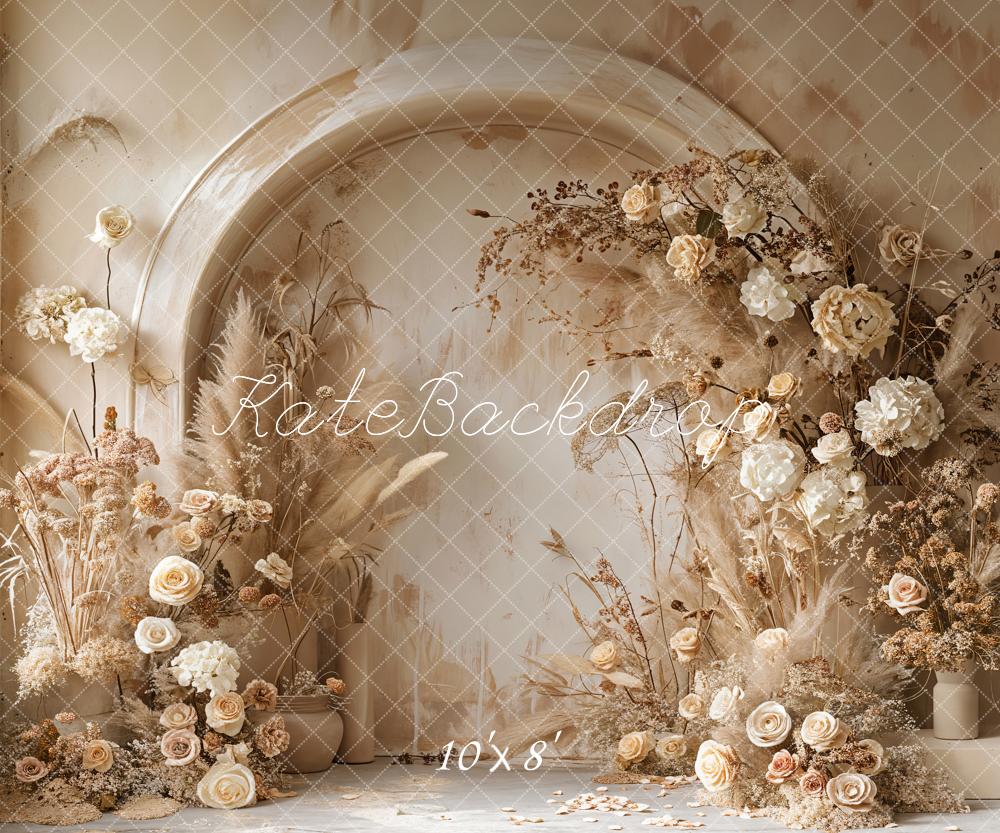 Kate Boho Backdrop Light Beige Reed White Floral Arched Wall Designed by Emetselch