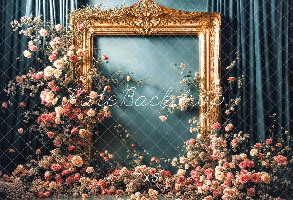 Kate Vintage Colorful Floral Golden Frame Dark Green Curtain Wall Backdrop Designed by Emetselch