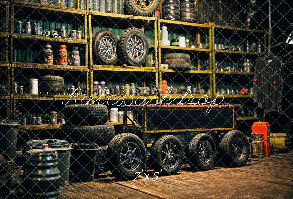Kate Retro Black Gold Tire Garage Backdrop Father's Day Designed by Emetselch