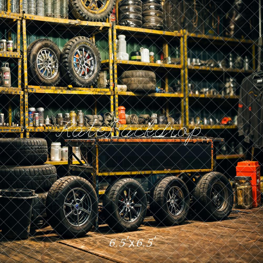 Kate Retro Black Gold Tire Garage Backdrop Father's Day Designed by Emetselch