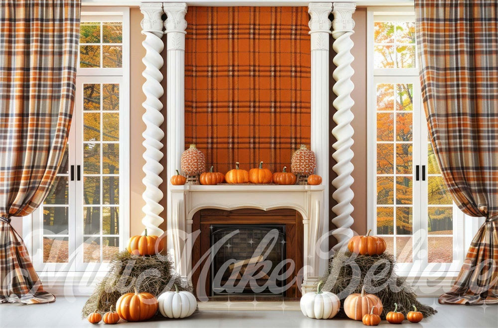 Kate Autumn Backdrop Fall Interior Plaid Wall Pumpkins Designed by Mini MakeBelieve - Kate Backdrop AU