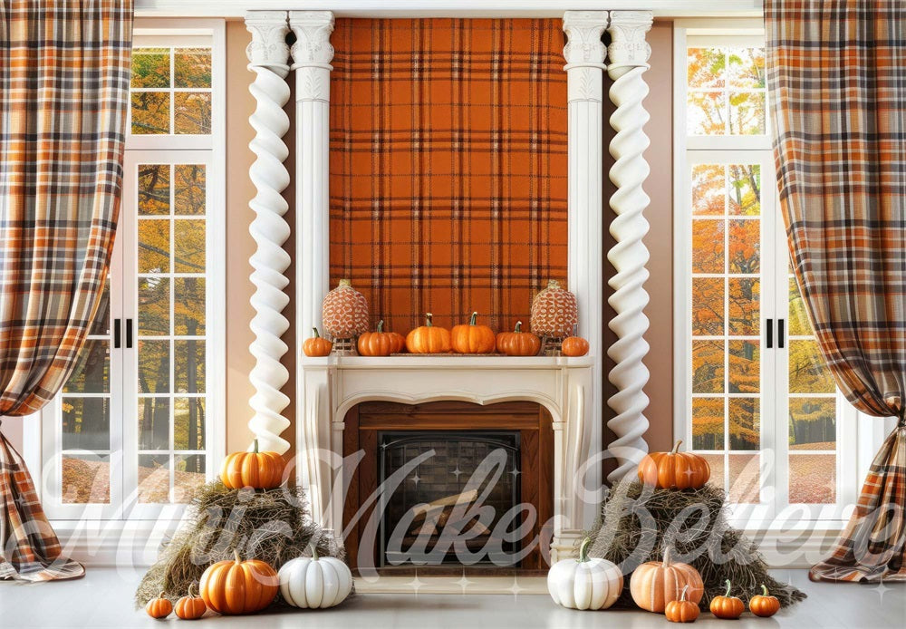 Kate Autumn Backdrop Fall Interior Plaid Wall Pumpkins Designed by Mini MakeBelieve - Kate Backdrop AU