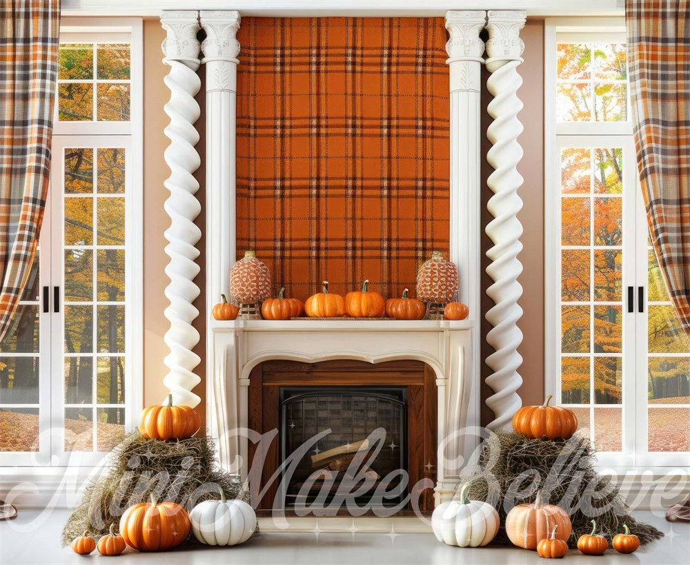 Kate Autumn Backdrop Fall Interior Plaid Wall Pumpkins Designed by Mini MakeBelieve - Kate Backdrop AU