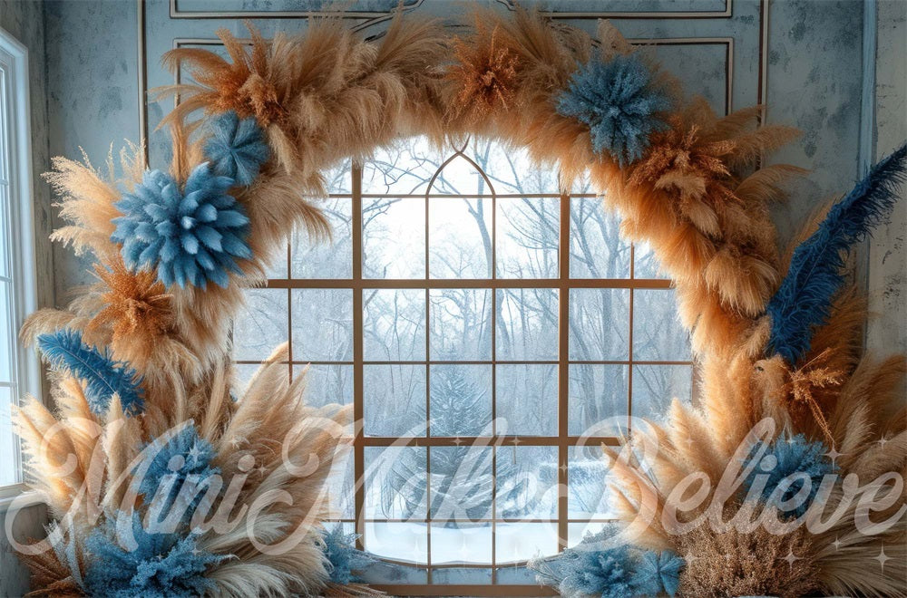 Kate Blue Boho Pampas Arch Winter Backdrop Designed by Mini MakeBelieve