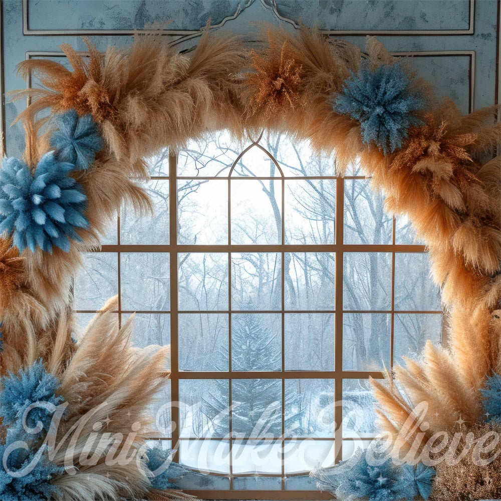 Kate Blue Boho Pampas Arch Winter Backdrop Designed by Mini MakeBelieve - Kate Backdrop AU
