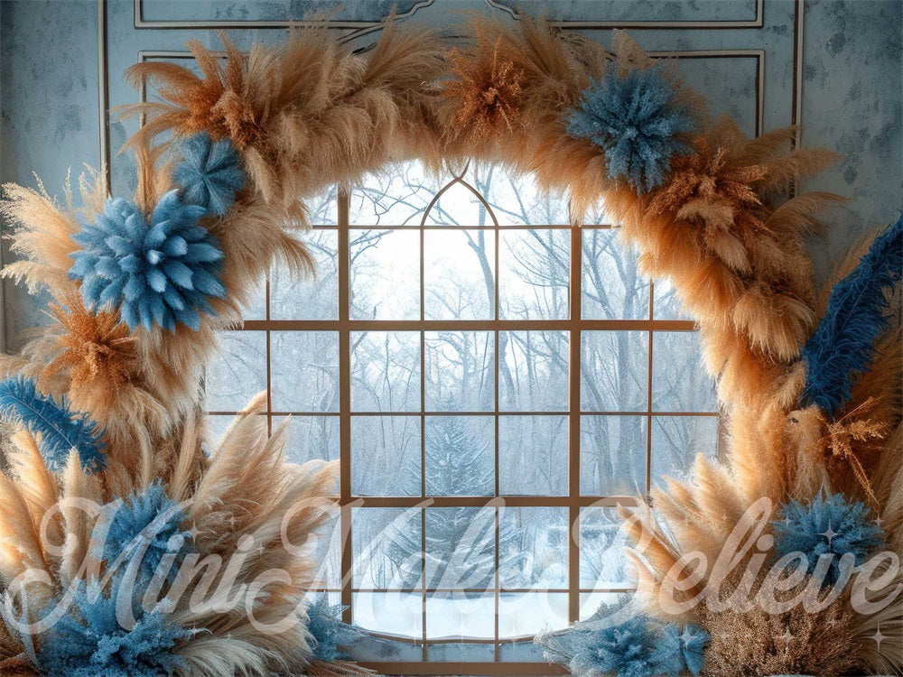 Kate Blue Boho Pampas Arch Winter Backdrop Designed by Mini MakeBelieve