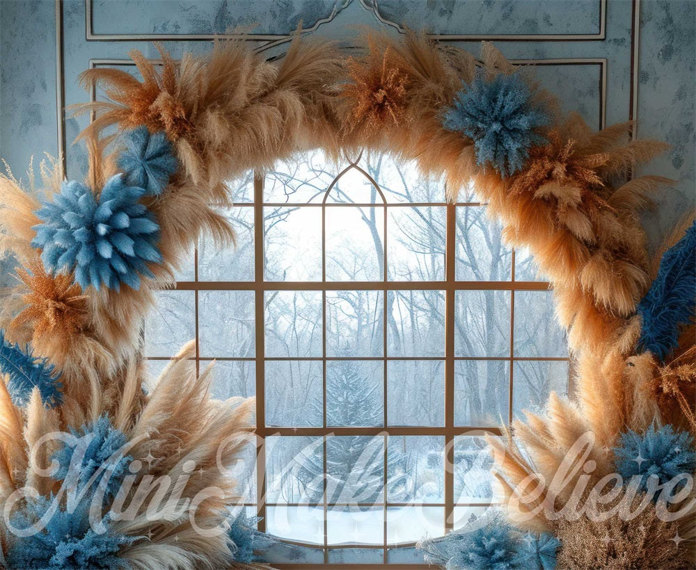 Kate Blue Boho Pampas Arch Winter Backdrop Designed by Mini MakeBelieve