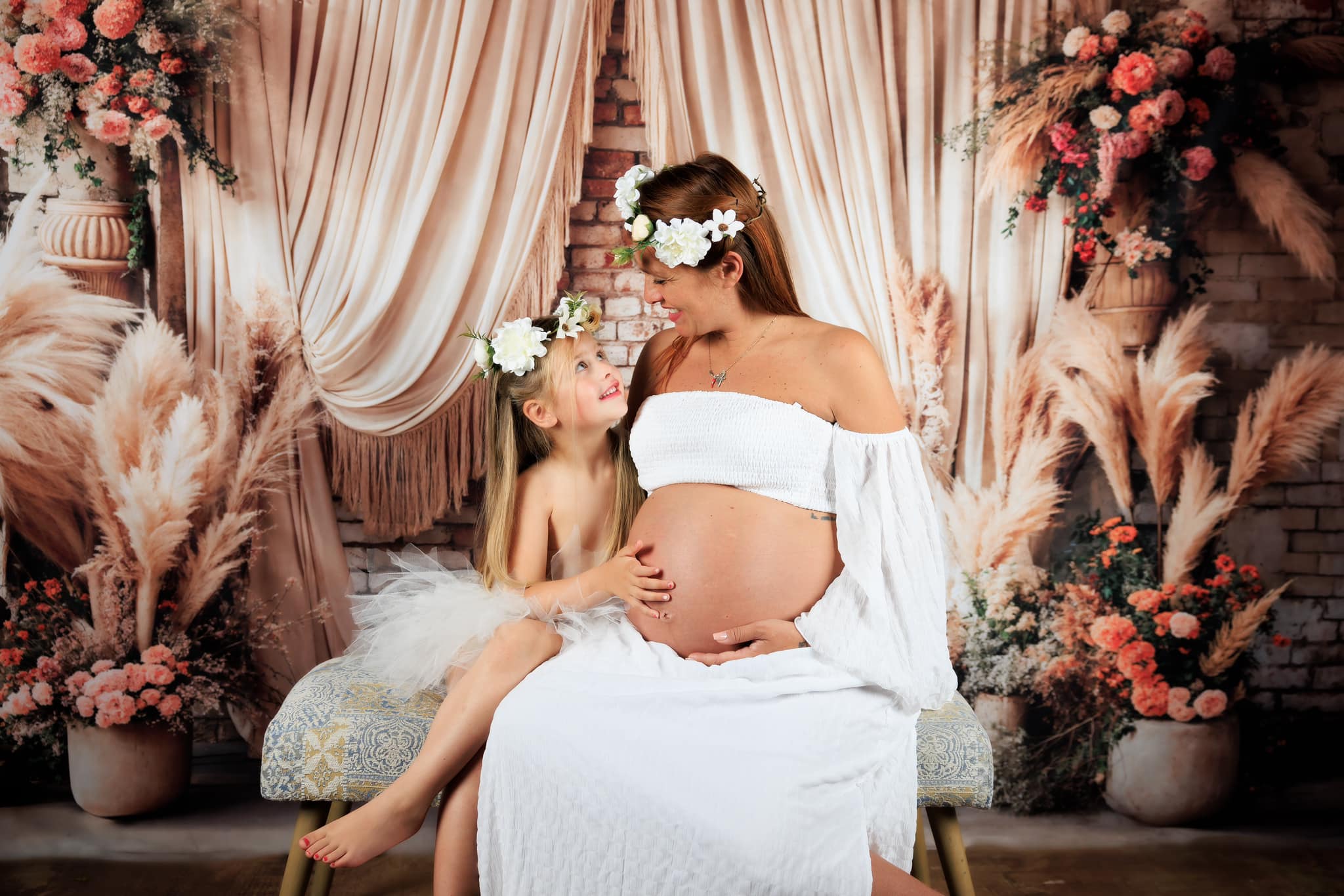 Kate Brick Wall Flowers Boho Backdrop+Grey Abstract Floor Backdrop - Kate Backdrop AU