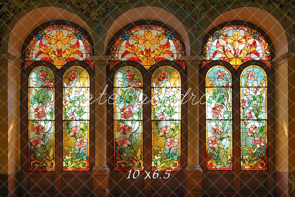 Kate Indoor Vintage Stained Backdrop Floral Arched Glass Window Designed by Emetselch - Kate Backdrop AU
