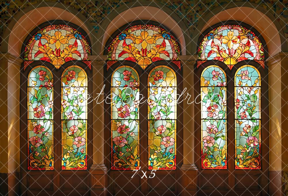 Kate Indoor Vintage Stained Backdrop Floral Arched Glass Window Designed by Emetselch - Kate Backdrop AU