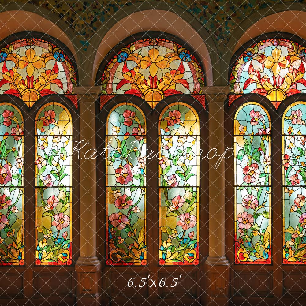 Kate Indoor Vintage Stained Backdrop Floral Arched Glass Window Designed by Emetselch - Kate Backdrop AU