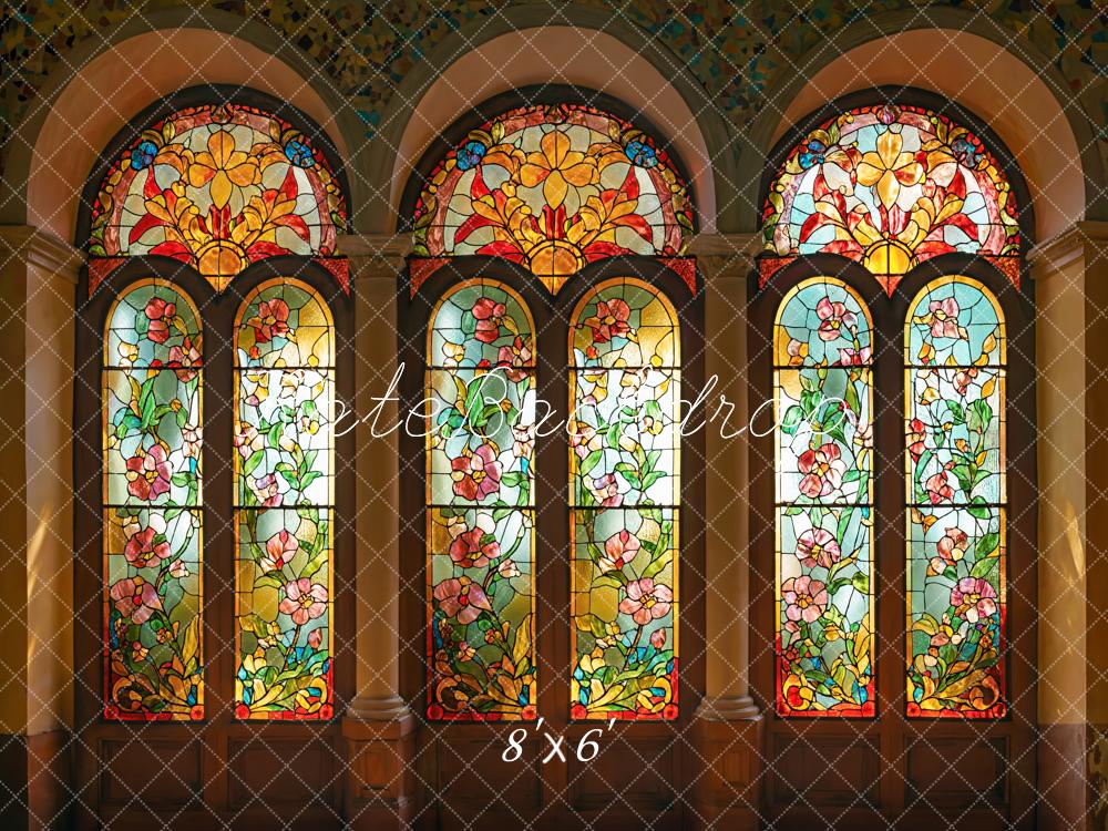 Kate Indoor Vintage Stained Backdrop Floral Arched Glass Window Designed by Emetselch - Kate Backdrop AU