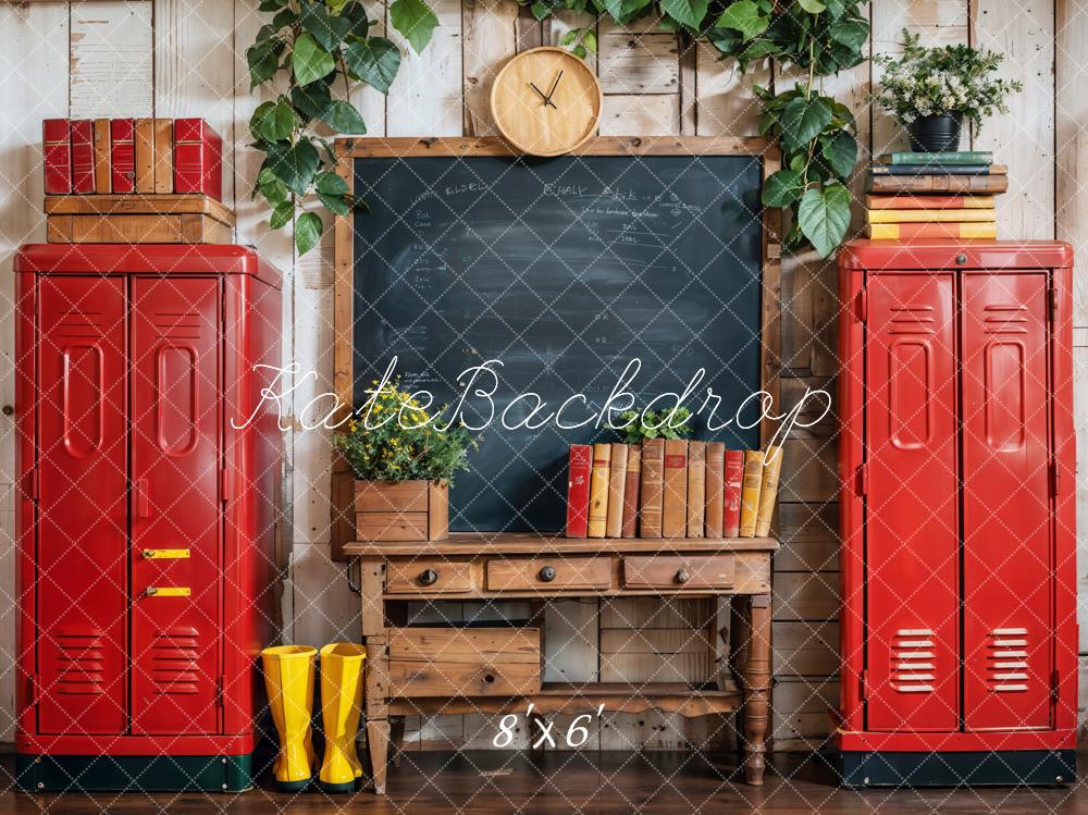 Kate Back to School Backdrop Red Locker Blackboard Designed by Emetselch - Kate Backdrop AU