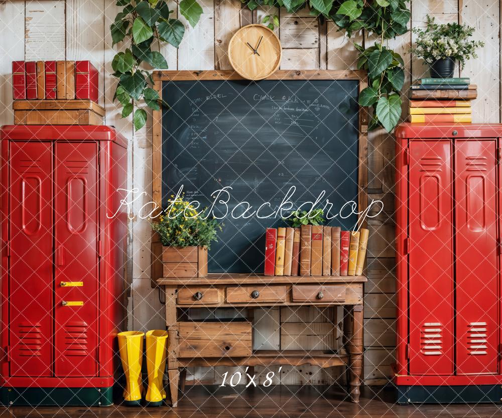 Kate Back to School Backdrop Red Locker Blackboard Designed by Emetselch - Kate Backdrop AU