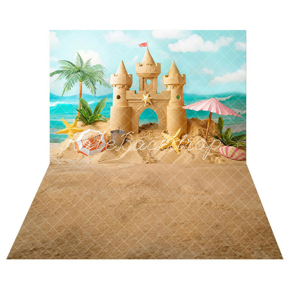 Kate Summer Sea Parasol Starfish Seashell Sand Castle Backdrop+Wet Sand Beach Floor Backdrop