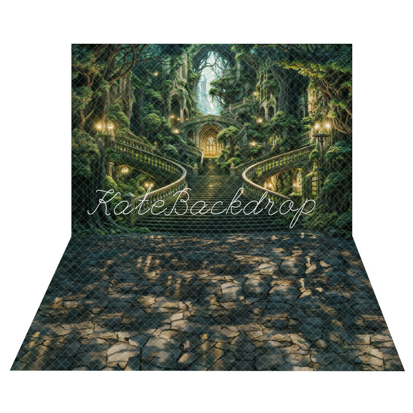 Kate Summer Green Forest Castle Staircase Backdrop + Shade Stone Path Floor Backdrop