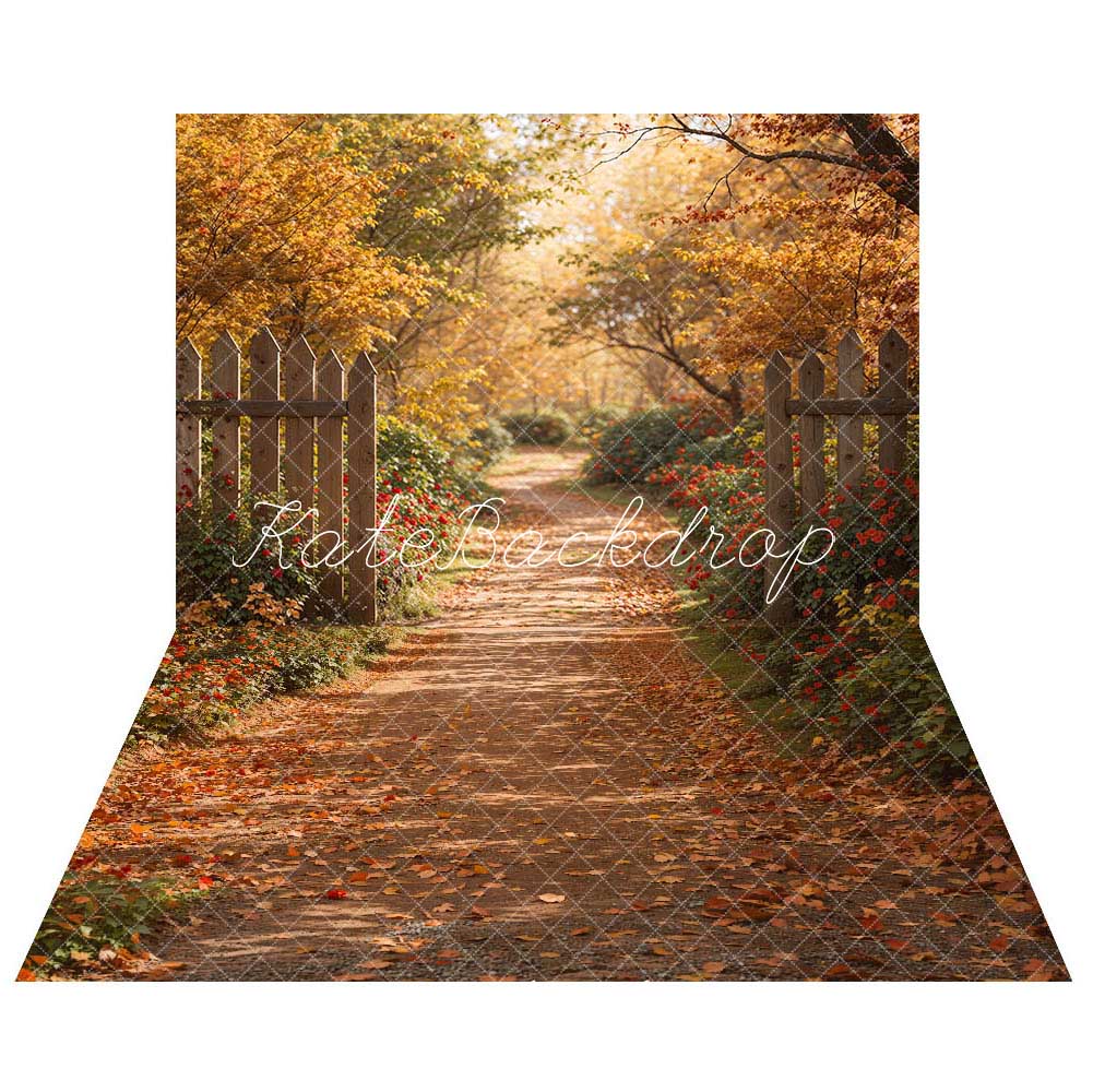Kate Autumn Forest Wooden Fence Backdrop+Fallen Leaves Path Floor Backdrop Designed by Kate Image
