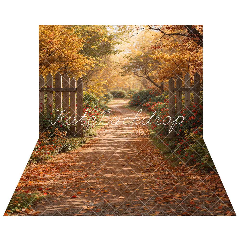 Kate Autumn Forest Wooden Fence Backdrop+Fallen Leaves Path Floor Backdrop Designed by Kate Image - Kate Backdrop AU