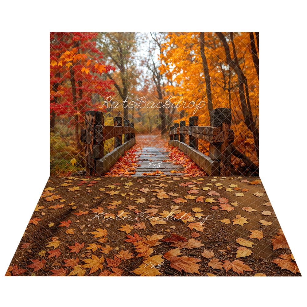 Lightning Deal Kate Autumn Maple Forest Bridge Backdrop+Fallen Leaves Ground Floor Backdrop