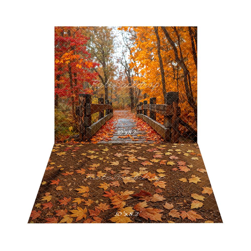 Lightning Deal Kate Autumn Maple Forest Bridge Backdrop+Fallen Leaves Ground Floor Backdrop