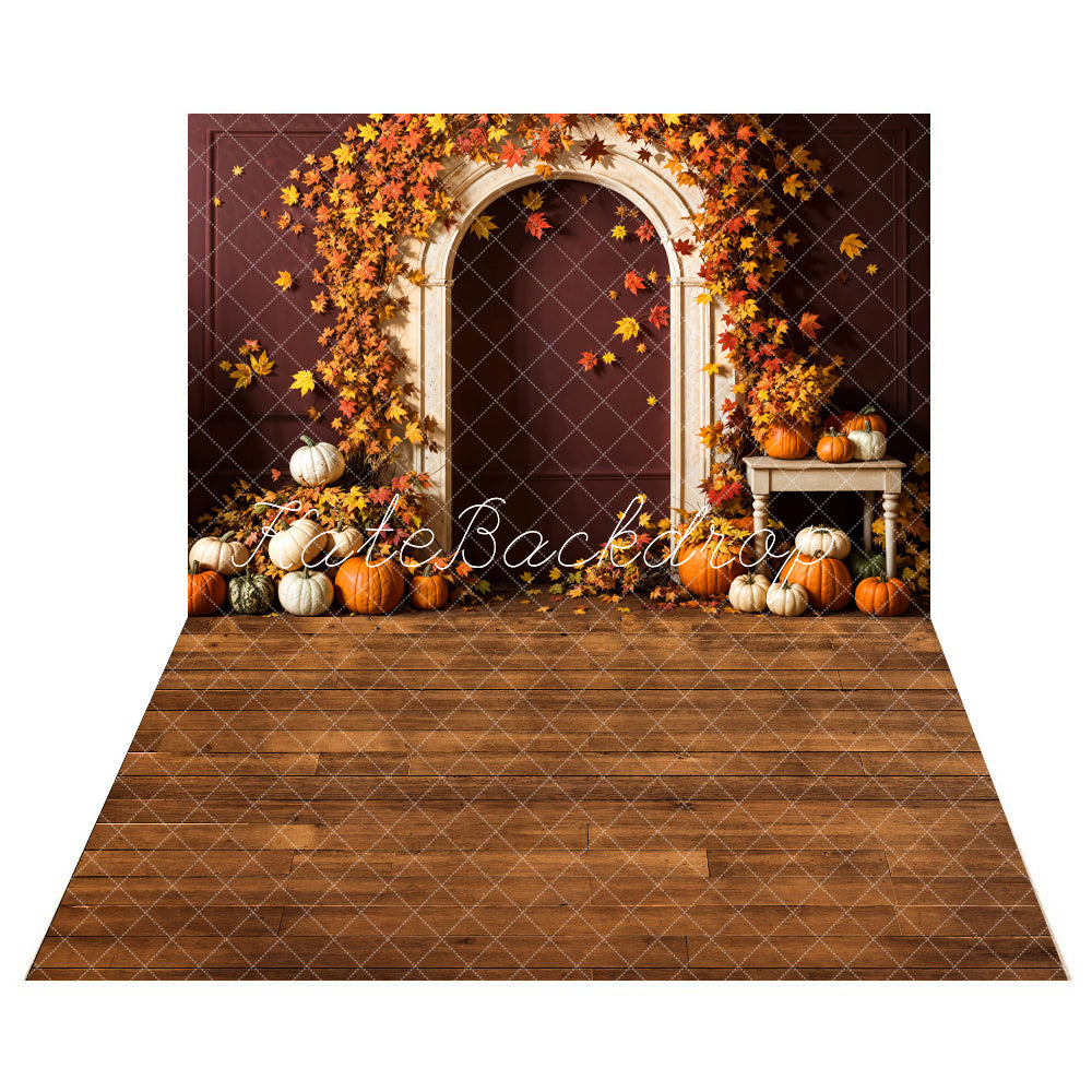 Kate Autumn Pumpkin Maple Leaf Arch Backdrop+Wooden Floor Backdrop