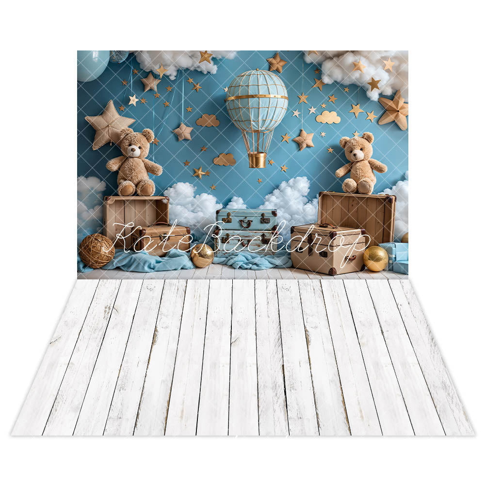 Kate Cartoon Hot Air Balloon Teddy Bear Backdrop+White Wood Grain Backdrop - Kate Backdrop AU
