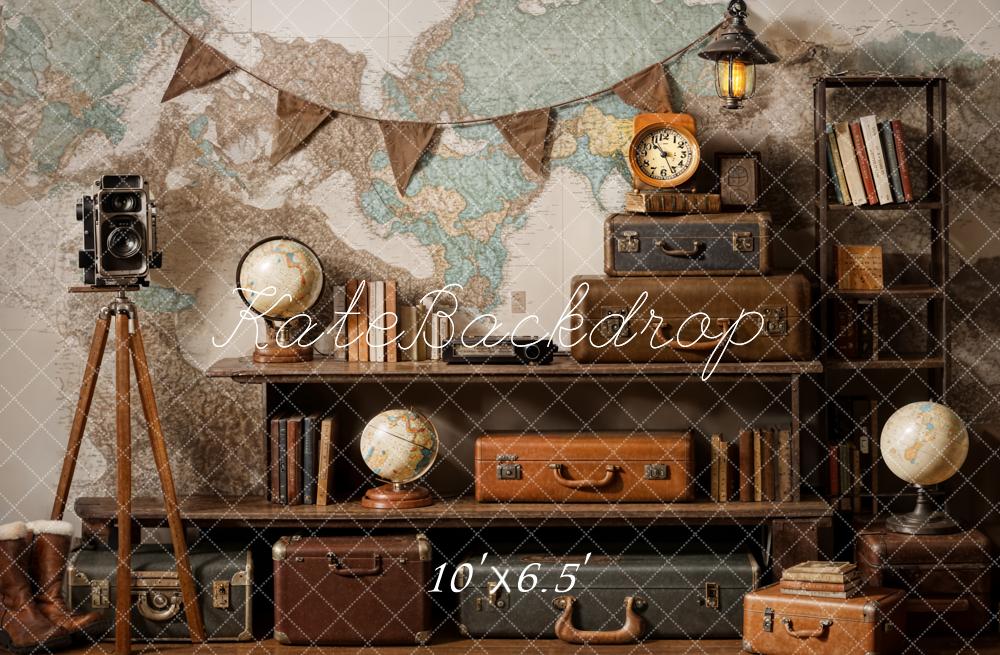 Kate World Map Suitcase Travel Retro Backdrop Designed by Emetselch